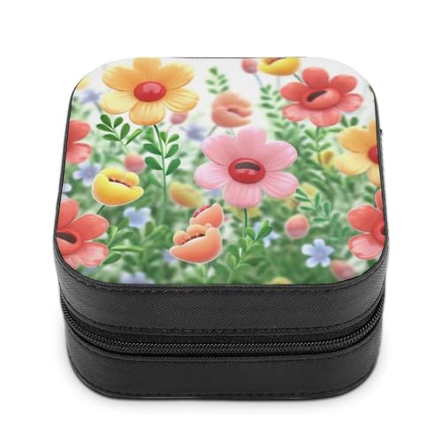 VFMNT Happy Flower Schmuckschatulle mit Reißverschluss, tragbar, PU-Leder, Reise-Schmuckkästchen, Organizer, Aufbewahrungsbox für Ringe, Ohrringe, Halsketten, Geschenke von VFMNT