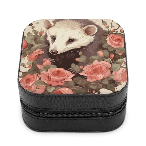 VFMNT Opossum und Rosen Schmuckschatulle mit Reißverschluss, tragbares PU-Leder-Schmuckkästchen, Reise-Schmuckkästchen, Organizer, Aufbewahrungsbox für Ringe, Ohrringe, Halsketten, Geschenke von VFMNT