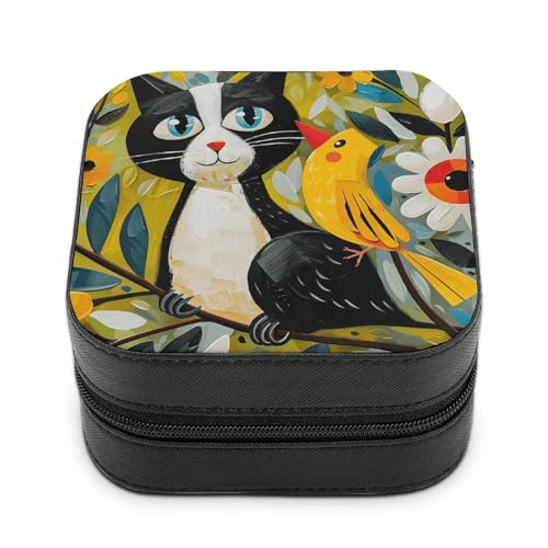 VFMNT Schmuckschatulle mit Katze und Vögel, mit Reißverschluss, tragbar, PU-Leder, Reise-Schmuckkästchen, Organizer, Aufbewahrungsbox für Ringe, Ohrringe, Halsketten, Geschenke von VFMNT