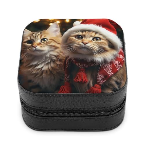 VFMNT Schmuckschatulle mit Weihnachts-Katze, mit Reißverschluss, tragbar, PU-Leder, Reise-Schmuckkästchen, Organizer, Aufbewahrungsbox für Ringe, Ohrringe, Halsketten, Geschenke von VFMNT