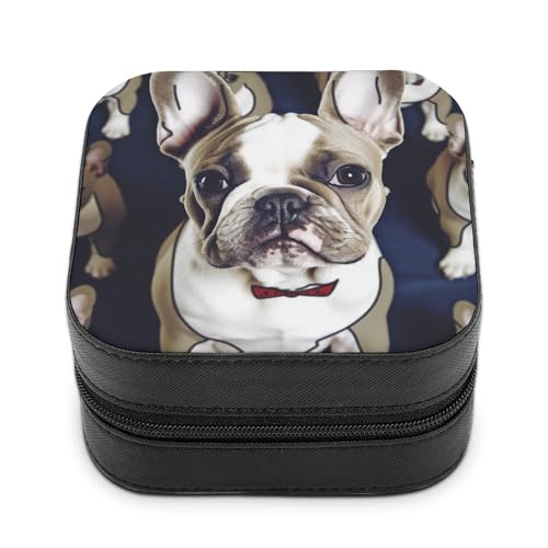 VFMNT Süße Schmuckschatulle mit französischer Bulldogge mit Reißverschluss, tragbar, PU-Leder, Reise-Schmuckkästchen, Organizer, Aufbewahrungsbox für Ringe, Ohrringe, Halsketten, Geschenke von VFMNT