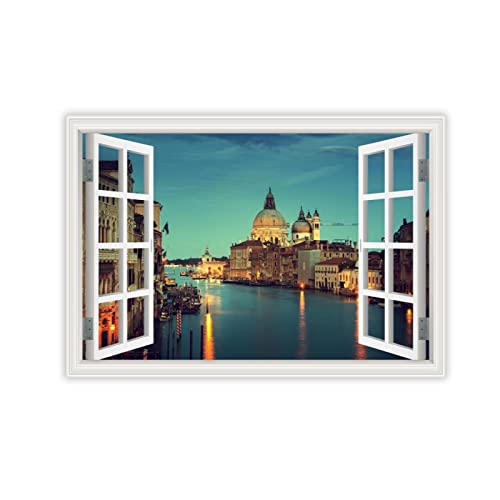 VFUNZA Leinwand Bilder Fensterblick Venedig Canal Grande 3D Gefälschte Fensteransicht Bild auf Leinwand Stadtbild Gemälde Druck auf Leinwand Wandbilder 80x120cm31x47in Ungerahmt von VFUNZA