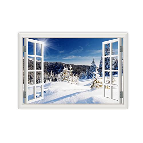 VFUNZA Leinwand Bilder Fensterblick Winter-Sonnenschein-Baum 3D Gefälschte Fensteransicht Bild auf Leinwand Natur Landschaftsbild Druck auf Leinwand Wandbilder 80x120cm31x47in Ungerahmt von VFUNZA