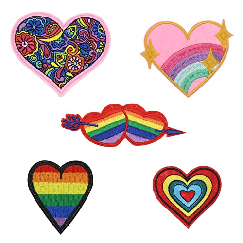 VGOL 5 Stück Regenbogen Herzform-Patches Zum Aufnähen, Aufbügeln, Gestickter Patch, Bunte Applikationen, Kleidungsdekoration für Jeansjacken, DIY-Kleidungszubehör von VGOL