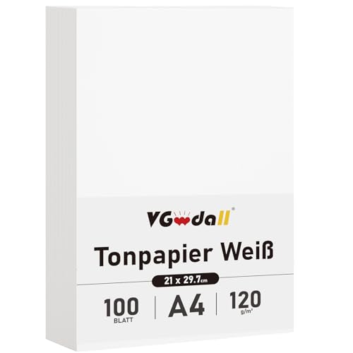 VGOODALL 100 Blatt Tonpapier A4, 120 g/m² Weiß Papier Fotokarton für Scrapbooking Gestalten von Karten Basteln von VGOODALL