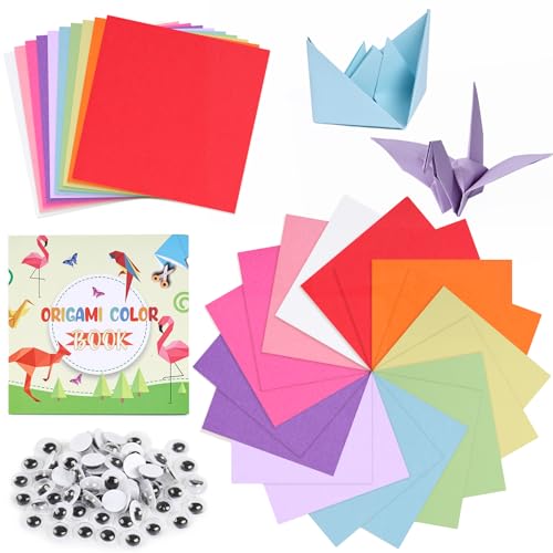 VGOODALL 120 Blatt Origami Faltpapier, 15 x 15cm Farbige Origami Papier für Kinder Doppelseitiges farbiges Origami-Set Wackelaugen von VGOODALL