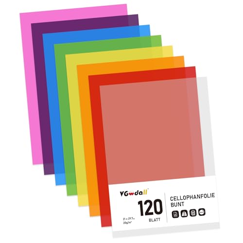 VGOODALL 120 Stück 8 Farben Cellophanfolie Bunt, fensterfolie Bunt Quadratisch Farbige Transparent Folien für Süßigkeiten DIY Arts Crafts Alben Dekoration 21x29,7cm von VGOODALL