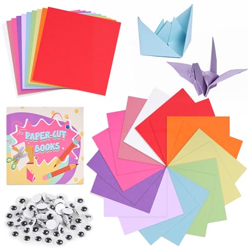 VGOODALL 250 Blatt Origami Papier, Buntes Papier 15 x 15cm Doppelseitig Faltpapier Bastelpapier mit Selbstklebende Wackelaugen für Kinder DIY von VGOODALL