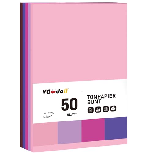 VGOODALL 50 Blatt Basteln Buntpapier, Tonpapier DIN A4 TonPapier Bastelkarton 120g/m² Kopierpapier für DIY Kunst Handwerk Drucken Skizzieren von VGOODALL