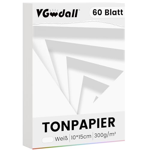 VGOODALL 60 Stück Tonpapier Weiß, Bastelpappe in Weiß Papier Bastelpapier 300 g/m² Druckerpapier Premium Tonzeichenpapier Craft Paper zum Basteln Drucken von VGOODALL
