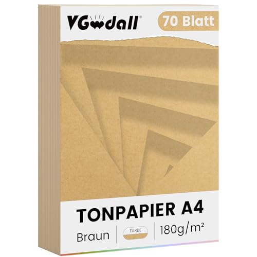 VGOODALL 70 Stück Braun Tonpapier, A4 Kraft Bastelpapier Karton Papier für Kartenherstellung Kinderkunst Bastelarbeiten Scrapbooking Bastelpapier Naturkarton von VGOODALL