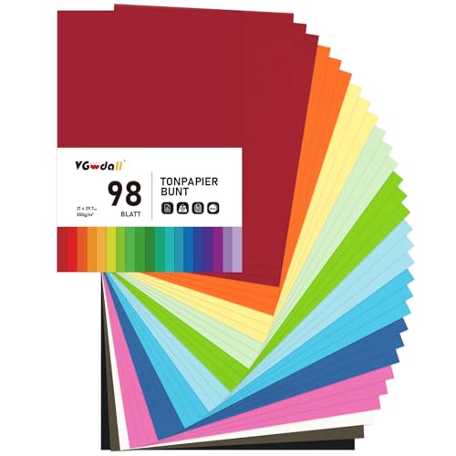 VGOODALL 98 Blatt Buntpapier, 12 Farben A4 Tonpapier 29,7 x 21 cm Bunt Bastelkarton 300 g/m² für DIY Bastelprojekte Basteln von VGOODALL