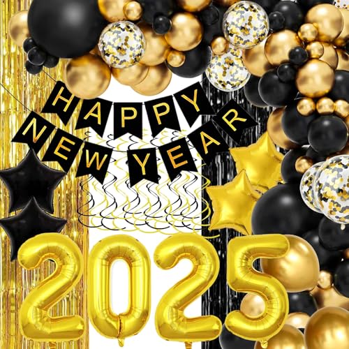 Neujahrsdekorationen 2025 Luftballons Set, 2025 Luftballons Fransenvorhänge Happy New Year Banner Gold Schwarz Luftballons Stern Ballons für Happy New Year Hintergrund Dekorationen Silvester Party von VHUWE