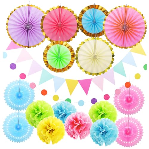 VICASKY 2 Sätze Blumenball-Papierfächerpaket Partydekoration Pompom-Dekorationen aus Stoff Pastell Klassenzimmerdekoration Dekorationsset Party-Banner Pom-Pom-Dekorationen Glitzerpapier von VICASKY