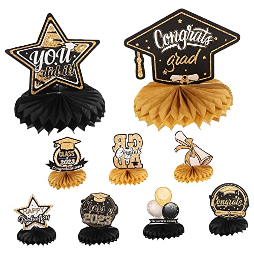 VICASKY 9st Abschluss-waben-Ornament Goldene Tischdekorationen Klasse Von 2023 Waben Abschluss Mittelstücke Partydekoration Für Das Abschlussjahr Grad Party Ornamente Papier Black von VICASKY