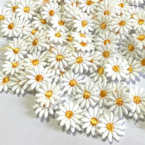 100 Stück Mini-Gänseblümchen-Blumenflecken, Stickerei-Aufkleber, zum Aufnähen auf Kleidung, Applikationen, DIY-Kleidungsaufkleber von VICIYOO