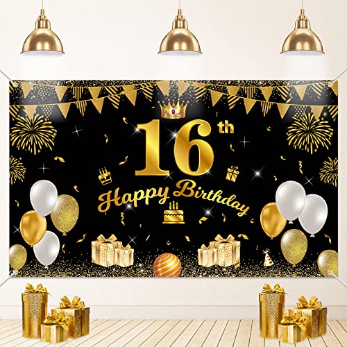 16. Geburtstag Banner Schwarz Gold,16. Geburtstag Dekoration 16. Extra Großes Banner, 16.Schwarz Gold Happy Birthday Banner, 16.Stoff Zeichen Poster Hintergrund Banner, 16. Jungen Geburtstag Banner von VICSOM