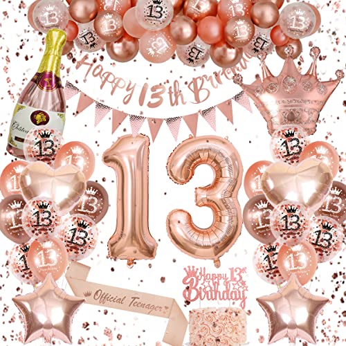 13 Geburtstagsdeko Mädchen, Luftballons Geburtstag 13, Geburtstagsdeko mädchen, Rosegold Deko Set Enthalten 13 Mit Happy Birthday Banner Rosegold Ballons 13.Geburtstag Schärpe Für Party Deko von VICTERR