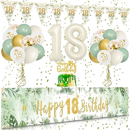 18 Geburtstag Deko, VICTERR Grün Gold Deko 18. Geburtstag Mädchen und Jungen Deko Set, Lange Größe Happy 18th Birthday Banner Hintergrund 274×37cm, Girlande Wimpel Konfetti Luftballons von VICTERR