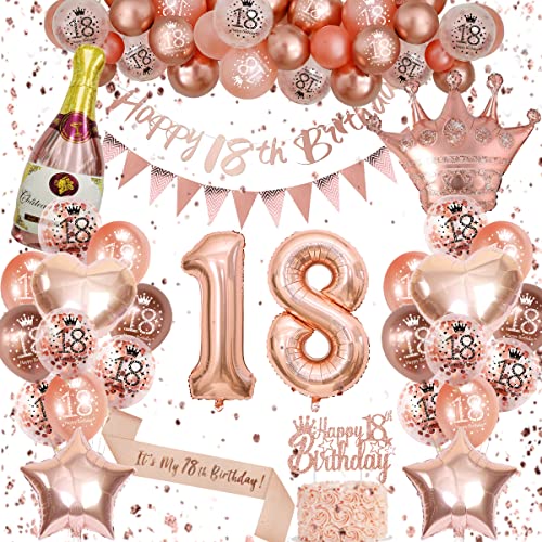 18 Geburtstag Frauen, Luftballon 18. Geburtstag Rosegold, Deko 18. Geburtstag Frauen Geburtstagsdeko 18 mit Happy Birthday Banner Rosegold Ballons 18.Geburtstag Schärpe 18 Geburtstag Deko Frauen von VICTERR