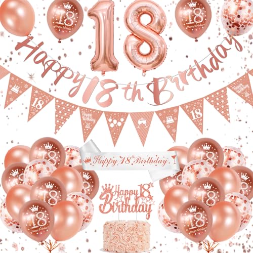 18. Geburtstag Mädchen, 18 Geburtstag Deko, Rosegold Deko Geburtstag mit Happy Birthday Girlande Banner Luftballon 18. Geburtstag 18. Geburtstag Schärpe Tortendeko für Deko 18. Geburtstag Mädchen von VICTERR