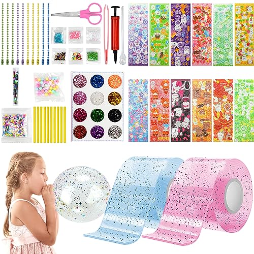 2 Rollen Glitzer Nano Tape Bubbles Set, Rosa und Blau DIY Bubble Tape Nano Klebeband Doppelseitig mit Pumpe, Pailletten, Glitzerpuder und Aufklebern, Blowing Bubble Tape Geschenk Bastelsets für Kinder von VICTERR