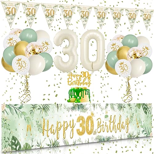 30 Geburtstag Deko, VICTERR Grün Gold Deko 30. Geburtstag Frauen und Männer Deko Set, Lange Größe Happy 30th Birthday Banner Hintergrund 274×37cm, Girlande Wimpel Konfetti Luftballons von VICTERR