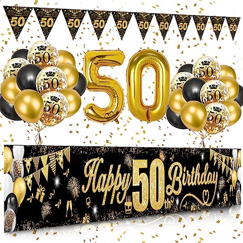 50 Geburtstag Dekoration Mann Frau, Schwarzes Gold 50. Geburtstags Deko, Happy 50th Birthday Banner, Zahl 50 Luftballons, Schwarzes Gold Konfetti Luftballons, Feuerwerk Dreieckiges Flaggenbanner von VICTERR