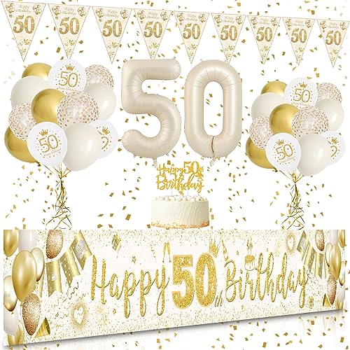 50 Geburtstag Frau deko, VICTERR Sandweiß Gold Deko 50 Geburtstag Frau und Mann Geburtstagsdeko Set, Lange Größe Happy 50th Birthday Banner Hintergrund 274×37cm, Girlande Wimpel Konfetti Luftballons von VICTERR