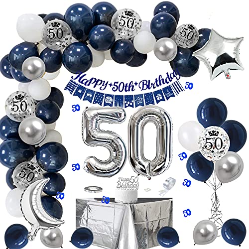 50 geburtstag dekoration, Deko 50. Geburtstag Mann Marineblau Silber Geburtstagsdeko mit Happy 50th Birthday Girlande Banner Tischdecke 50 Konfetti und Nummer 50 Luftballons für Vatertag Deko von VICTERR