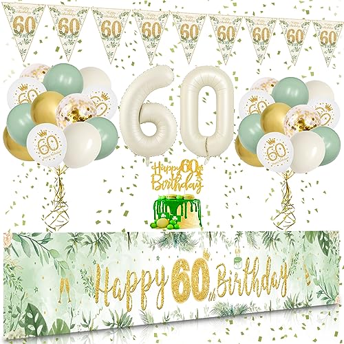 60 Geburtstag Deko, VICTERR Grün Gold Deko 60. Geburtstag Frau und Mann Deko Set, Lange Größe Happy 60th Birthday Banner Hintergrund 274×37cm, Girlande Wimpel Konfetti Luftballons von VICTERR