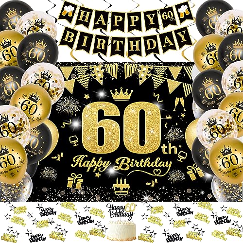 60 Geburtstag Dekoration Männer Banner, Schwarzes Gold Extra Lange Geburtstag Happy 60th Birthday Poster Hintergrund Schwarzes Gold Deko Luftballons Konfetti Männer Frau Deko Banner 190X120cm von VICTERR