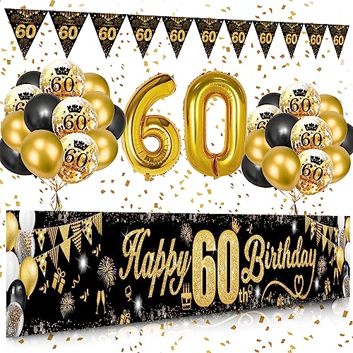 60 Geburtstag Dekoration Mann Frau, Schwarzes Gold 60. Geburtstags Deko, Happy 60th Birthday Banner, Zahl 60 Luftballons, Schwarzes Gold Konfetti Luftballons, Feuerwerk Dreieckiges Flaggenbanner von VICTERR