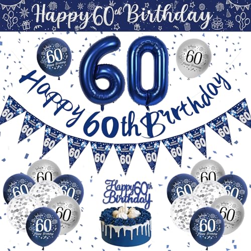 60. Geburtstag Deko Männer, Blau Silber Luftballons Geburtstag, Deko 60 Geburtstag Mann, Geburtstagsdeko 60 Jahre Party Deko mit Happy Birthday Girlande Konfetti Ballons für 60 Geburtstag Dekoration von VICTERR