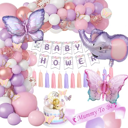 Baby Shower Decoration Fille,Ballon Baby Shower décoration papillon violet Mummy to be Echarpe, Banderole Baby Shower Oh Baby Cake Topper pour Future Maman, fête de révélation de Genre von VICTERR