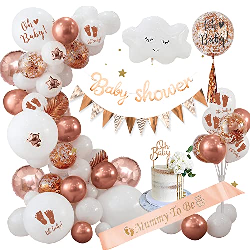 Babyparty Deko Neutral, Rosegold Baby Shower Dekorationen Oh Baby Deko Neutral mit Mummy to be Schärpe, Baby Shower Banner, Oh Baby Cake Topper Balloons, Babyshower deko Gender Reveal Deko von VICTERR