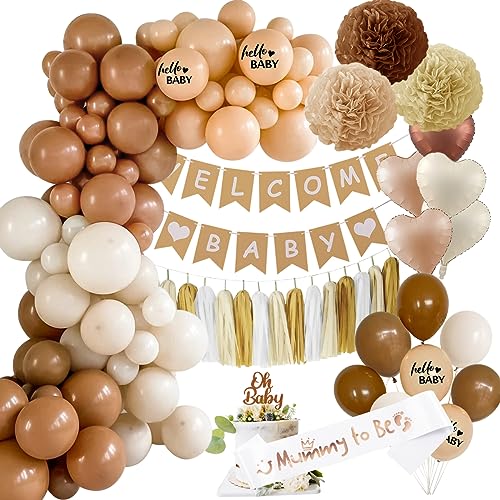 Babyparty Deko Neutral, Boho Beige Baby Shower Dekorationen Oh Baby Deko Neutral mit Mummy to be Schärpe, Baby Shower Banner, Oh Baby Cake Topper Balloons, Babyshower deko Gender Reveal Deko von VICTERR