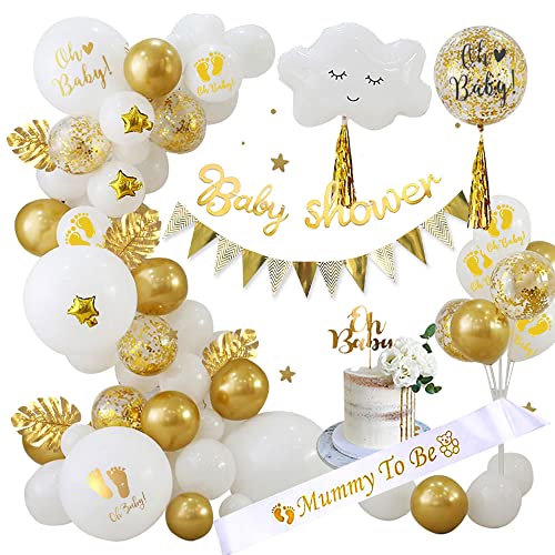 Babyparty Deko Mädchen Junge, Oh Baby Deko Neutral Gold Baby Shower Dekorationen mit Mummy to be Schärpe, Baby Shower Banner, Oh Baby Cake Topper Balloons, Babyshower deko Gender Reveal Deko von VICTERR