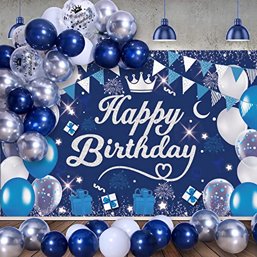 Geburtstag Dekoration Männer Banner, Blau Extra Lange Geburtstag Happy Birthday Poster Hintergrund Navy Blau und Silber Deko Geburtstag Luftballons Konfetti Männer Junge Deko Banner 190X120cm von VICTERR