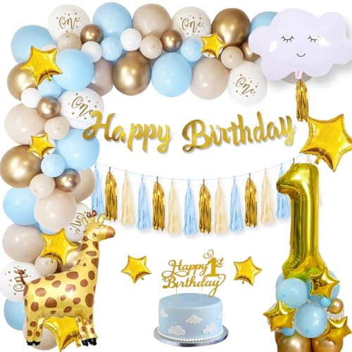 Geburtstagsdeko 1 Jahr Junge Blau Gold Luftballons Geburtstag, 1. Geburtstag Junge Deko Happy Birthday Girlande, Ballon 1. Geburtstag Macaron Blau Gold Weiß Ballons für Jungen Kindergeburtstag Deko von VICTERR