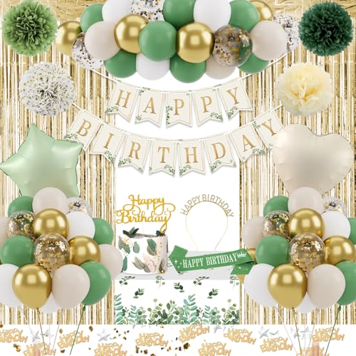 Geburtstagsdeko Grün Gold, Geburtstagsdeko Mädchen Junge, Dschungel Geburtstagsdeko mit Avocado Grüne Luftballons Happy Birthday Banner für Frauen Männer Geburtstag Party Deko von VICTERR