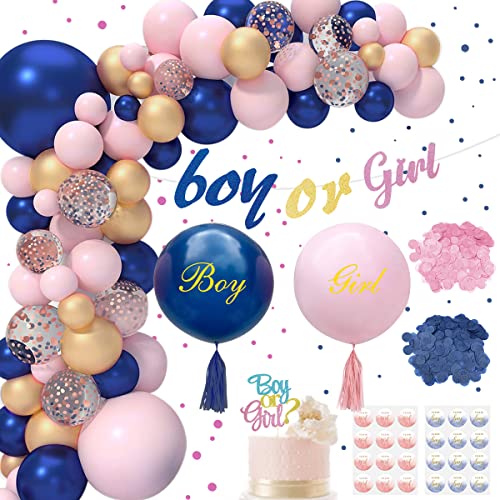 Gender Reveal Party Deko, Baby Party Dekoration Boy or Girl, Babyparty Deko Rosa und Marineblau, mit Team Boy Team Girl Aufkleber, Boy oder Girl Banner Tortenaufleger für Baby Shower von VICTERR