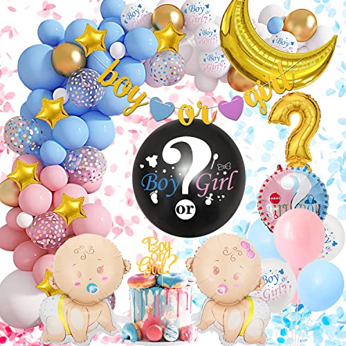 Gender Reveal Party Dekoration, Babyparty Deko Mädchen Junge, Boy or Girl Ballon and Banner Deko Luftballon Girlande, überraschung Konfetti Gold Rosa Blau Ballon für Baby Shower Decoration von VICTERR