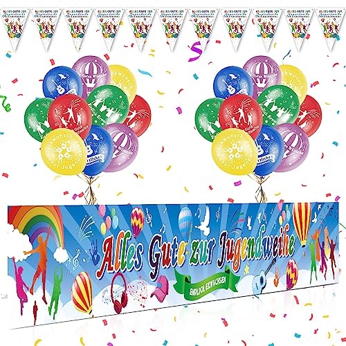 Jugendweihe Deko, 274 x 37CM Alles Gute zur Jugendweihe Banner, Jugendweihe Girlande, Bunt Luftballons Jugendweihe Hintergrund Banner für Endlich Erwachsen Deko, Herzlichen Glückwunsch Party Deko von VICTERR