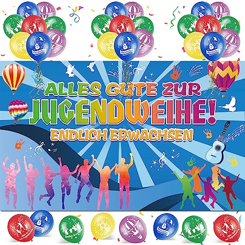 Jugendweihe Deko Banner, 180 x 110CM Alles Gute zur Jugendweihe Banner, Bunt Luftballons Jugendweihe Foto Hintergrund Banner für Endlich Erwachsen Party Dekoration, Herzlichen Glückwunsch Deko von VICTERR