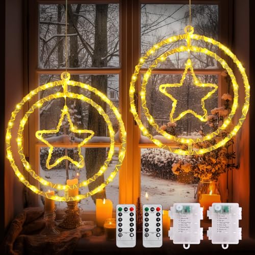 LED Weihnachtsbeleuchtung, 2 Stück 80 LED Warmweiß Leuchtstern Fenster Hängend, 8 Modi Sterne Weihnachtsdeko Fenster mit Timer, Wasserdicht Batteriebetriebene Lichterkette für Aussen Innen Party Deko von VICTERR