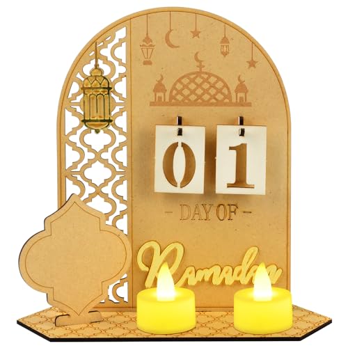 Ramadan Kalender Ramadan Deko Aus Holz, Ramadan Mubarak Dekoration Ramadan Adventskalender,Eid Mubarak Dekoration Ramadankalender mit 2 Stück Teelichter für Ramadan Dekoration Ramazan Geschenke von VICTERR