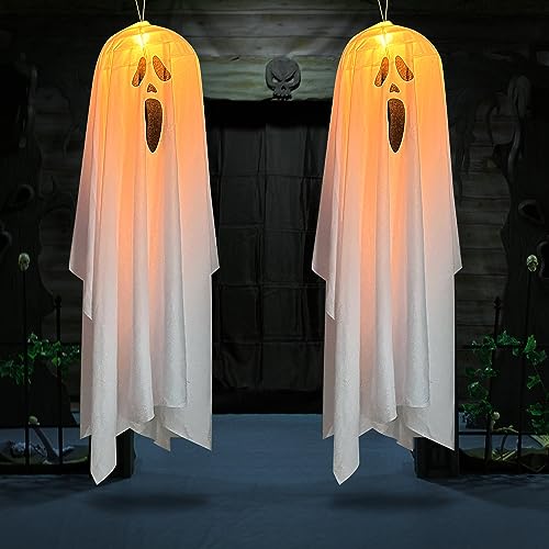 VICTERR Halloween Deko Geister, 2 Stück Halloween Hängender Geister mit Warmem LED Licht, Große Größe Halloween Geister Leuchtend Dekoration für Außen, Innen, Garten, Terrasse, Haus und Baumtür von VICTERR