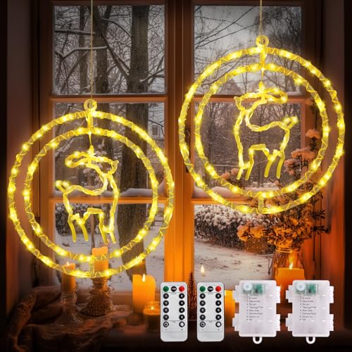 Weihnachtsdeko Fenster 2 Stück 80 LED Weihnachtsbeleuchtung, 8 Modi Wasserdicht Rentier LED Fenster Beleuchtung mit Timer, Leuchte Fenster Batteriebetriebene Lichterkette Aussen Innen Party Deko von VICTERR