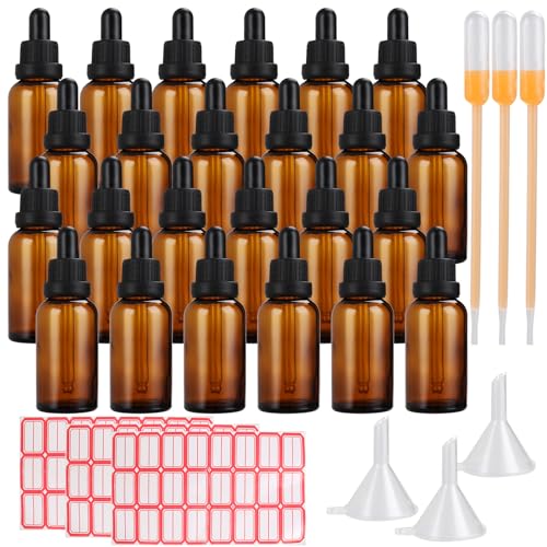 VIDETOL 24 Stück Pipettenflasche 30ml, Apothekerflasche mit Glaspipette, Plastikpipetten, Trichter und Aufkleber, Braun Tropfflasche für Ätherische Öl, Flüssigkeit, Parfümöle von VIDETOL